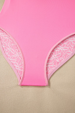 Pink Corded Flower Texture Spaghetti Straps Halterneck One Piece Swimsuit