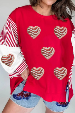 Fiery Red Color Block Striped Patchwork Valentines Day Sequin Heart Graphic Sweatshirt