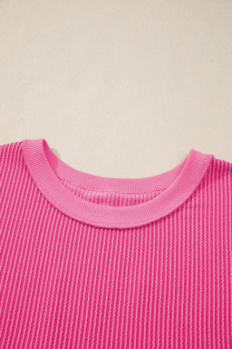 Rose Red Spiral Ribbed Cutout Bow Knot Back Oversize T Shirt