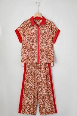 Brown Contrast Trim Leopard Top and Pant Set