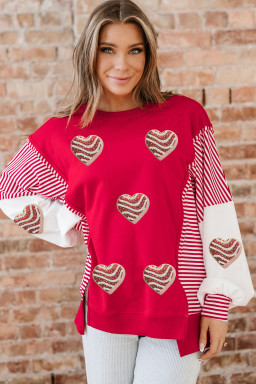 Fiery Red Color Block Striped Patchwork Valentines Day Sequin Heart Graphic Sweatshirt