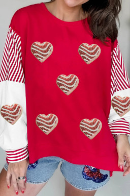 Fiery Red Color Block Striped Patchwork Valentines Day Sequin Heart Graphic Sweatshirt