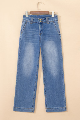 Sky Blue Double Button Zip Fly Straight Leg Jeans