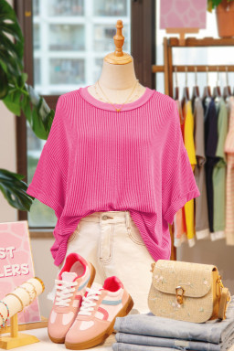 Rose Red Spiral Ribbed Cutout Bow Knot Back Oversize T Shirt