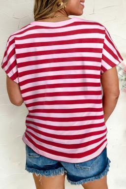 Pink Stripe Split V Neck Casual T Shirt
