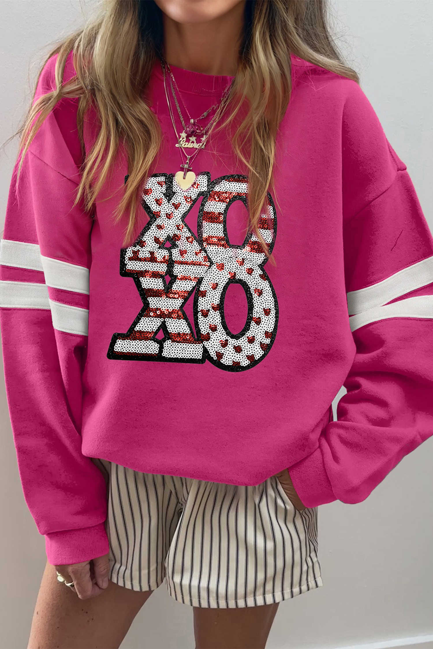 Rose Red Oversized Varsity Drop Shoulder Sequined XOXO Valentine Sweatshirt