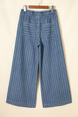 Sky Blue Stripe Button Pleated Drawstring Waist Casual Wide Leg Jeans