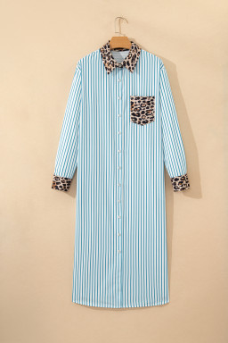 Sky Blue Stripe Contrast Leopard Patchwork Long Shirt Dress with Slits