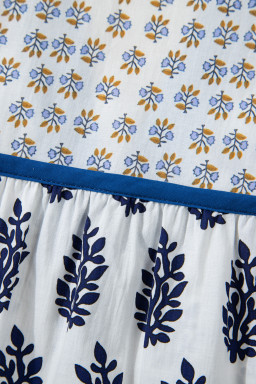 White Plus Size Boho Floral Print Contrast Trim Split Neck Puff Sleeve Patchwork Blouse