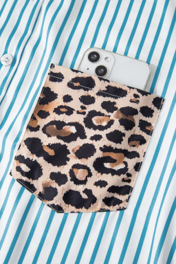 Sky Blue Stripe Contrast Leopard Patchwork Long Shirt Dress with Slits