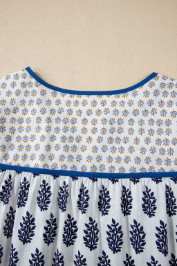 White Plus Size Boho Floral Print Contrast Trim Split Neck Puff Sleeve Patchwork Blouse