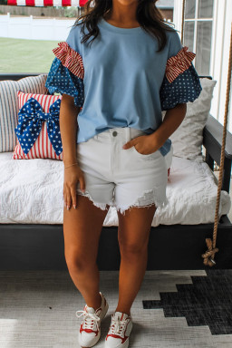 Beau Blue Stars Stripes Short Puff Sleeve Top