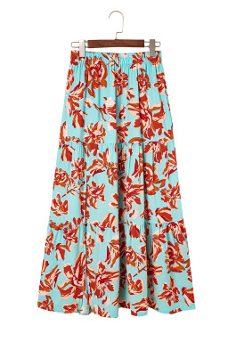 Green Bohemian Floral Print Tiered Maxi Skirt with Split