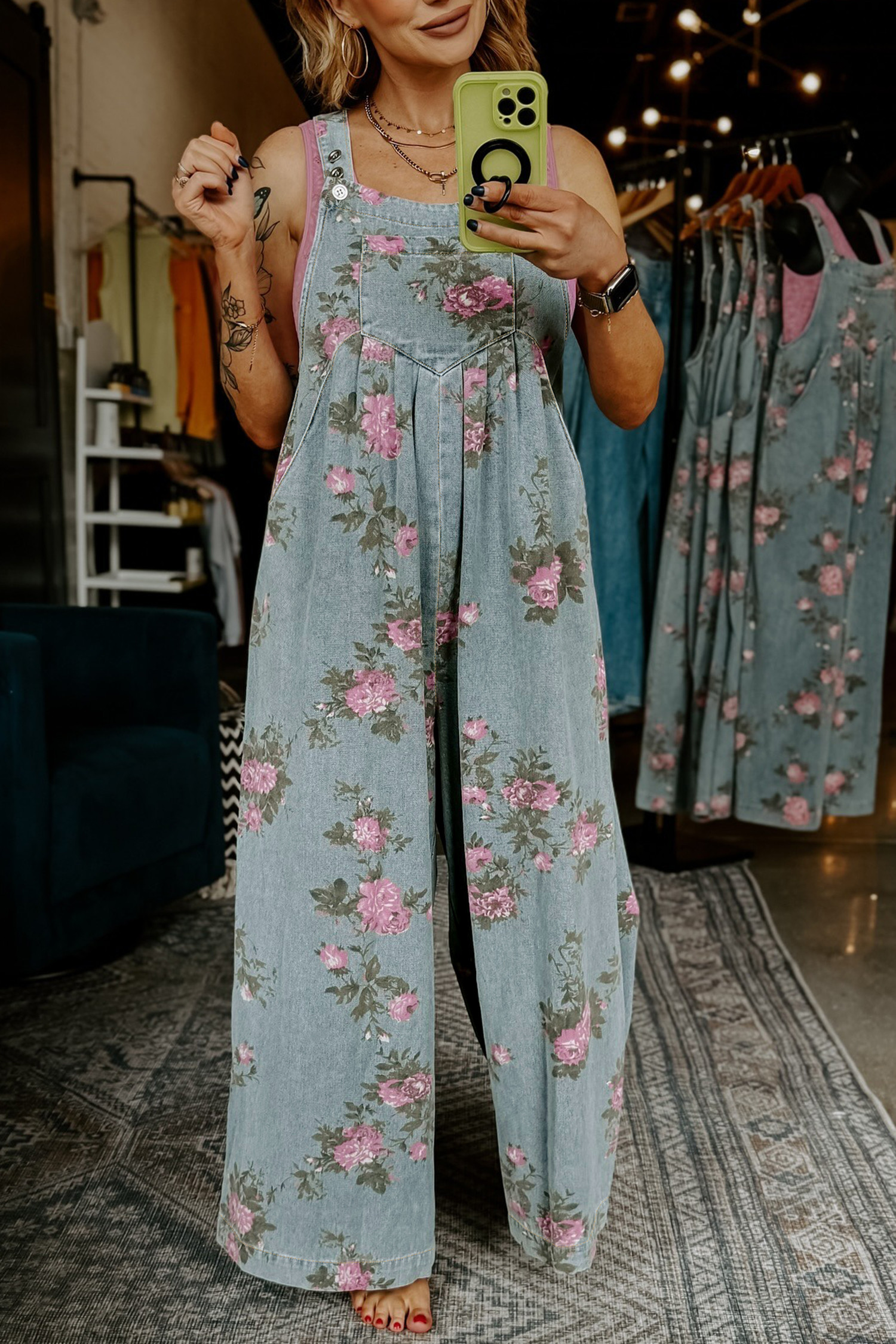 Beau Blue Floral Print Pleated High Waist Wide Leg Denim Jumpsuit