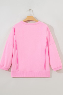 Pink Floral Bow Patched Exposed Seam Patchwork Slit Baggy Sweatshirt