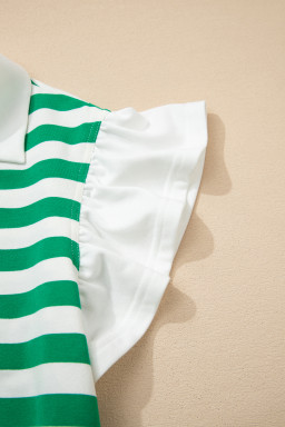Green Stripe Collar V Neck Ruffled Short Sleeve Blouse
