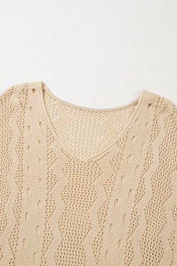 Apricot Solid Color V Neck Hollowed Knit Tunic Beach Coverup