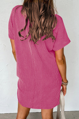 Bright Pink Striped Ribbed Knit T-shirt Shift Dress