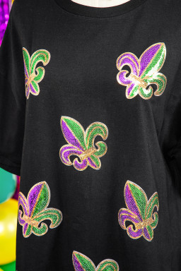 Black Sequin Mardi Gras Fleur De Lis Oversized T Shirt