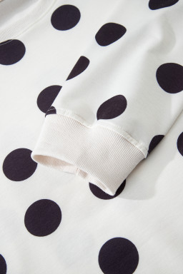 Beige Polka Dot Print Drop Shoulder Pullover Drawstring Shorts Set