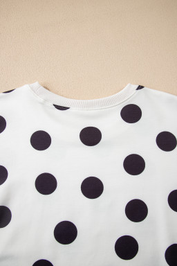 Beige Polka Dot Print Drop Shoulder Pullover Drawstring Shorts Set