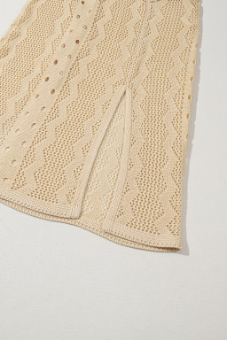 Apricot Solid Color V Neck Hollowed Knit Tunic Beach Coverup