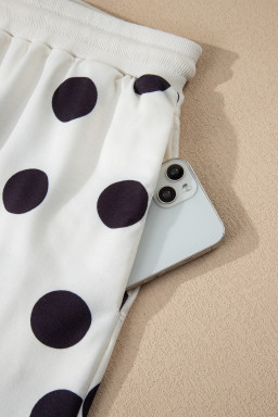 Beige Polka Dot Print Drop Shoulder Pullover Drawstring Shorts Set