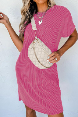 Bright Pink Striped Ribbed Knit T-shirt Shift Dress