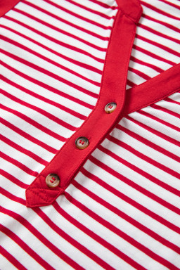 Red Stripe Half Placket V Neck Contrast 3/4 Sleeve Patchwork Top