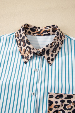 Sky Blue Stripe Contrast Leopard Patchwork Long Shirt Dress with Slits