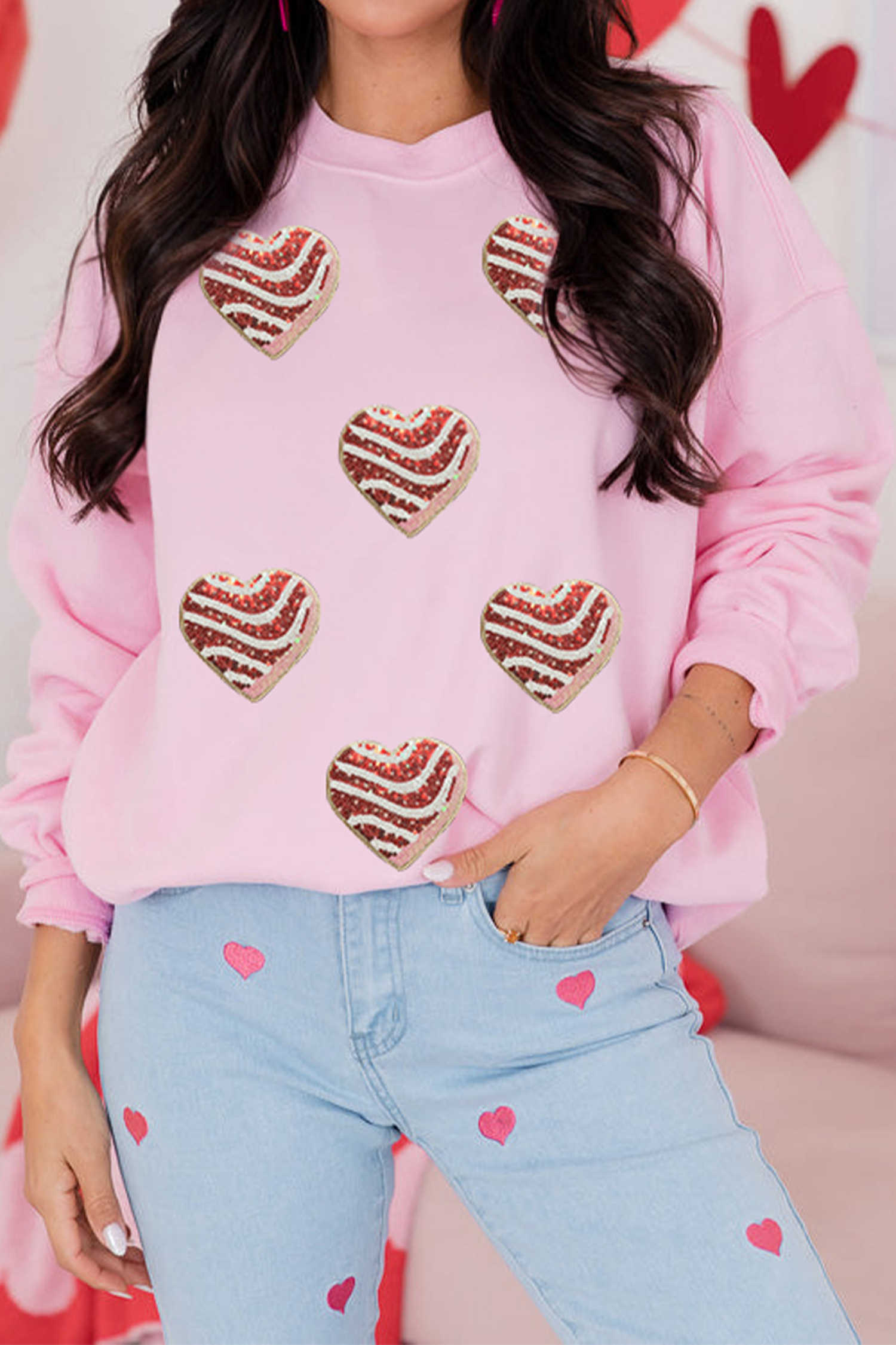 Pink Sequined Valentine Heart Print Round Neck Sweatshirt