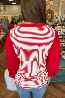 Red Stripe Half Placket V Neck Contrast 3/4 Sleeve Patchwork Top