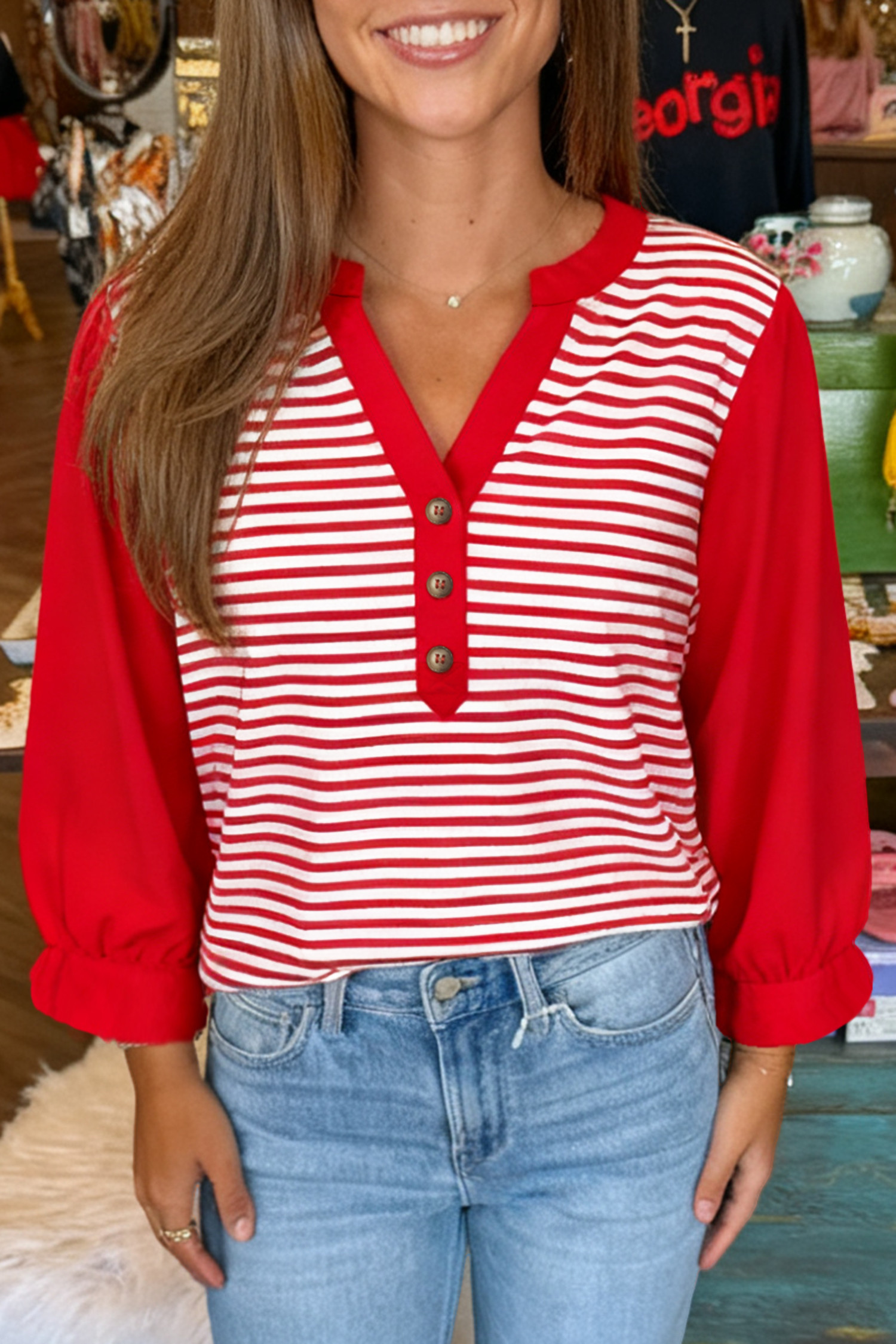 Red Stripe Half Placket V Neck Contrast 3/4 Sleeve Patchwork Top