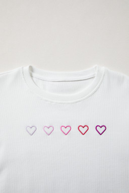 White 3d Ribbed XOXO Heart Embroidered Drop Shoulder Sweatshirt