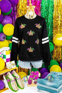 Black Sequin Mardi Crown Dropped Shoulder Varsity Sweatshirt