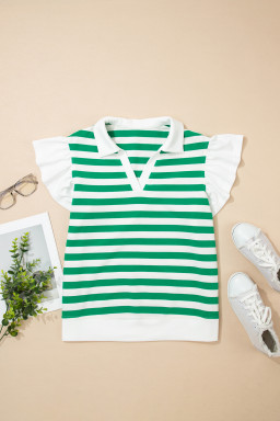 Green Stripe Collar V Neck Ruffled Short Sleeve Blouse