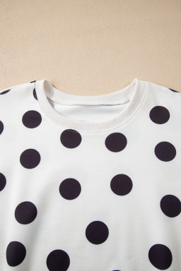 Beige Polka Dot Print Drop Shoulder Pullover Drawstring Shorts Set