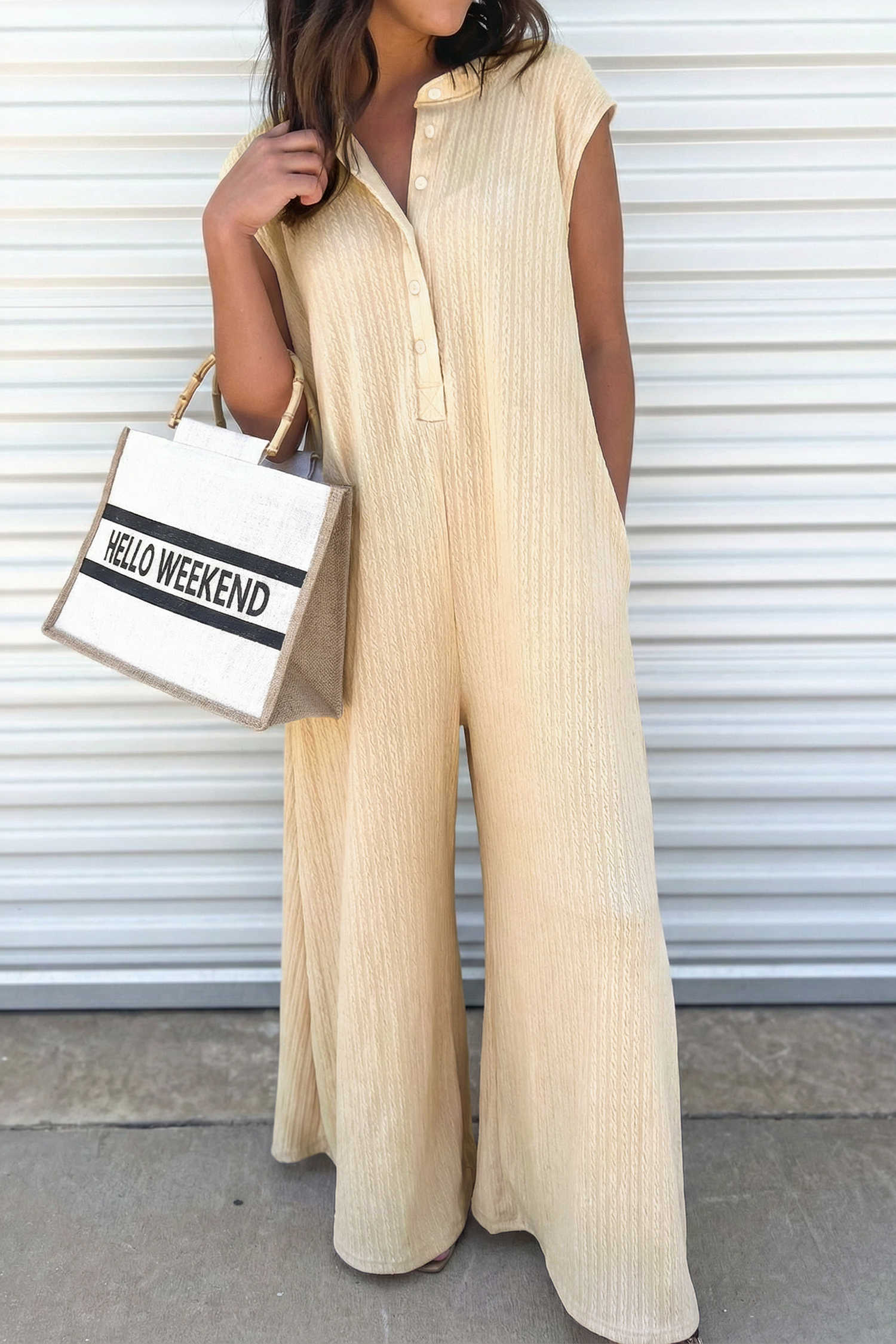 Jet Stream Half Buttons Ribbed Knit Wide Leg Jumpsuit