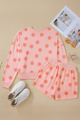 Pink Polka Dot Print Drop Shoulder Pullover Drawstring Shorts Set