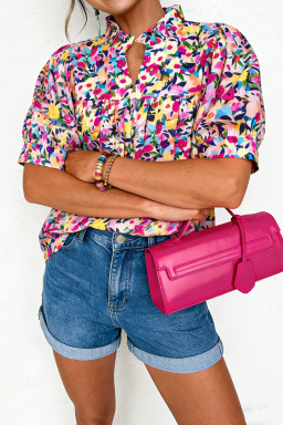 Pink Flower Print Frilled Collar Short Puff Sleeve Summer Blouse