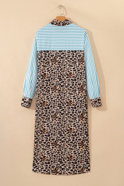 Sky Blue Stripe Contrast Leopard Patchwork Long Shirt Dress with Slits