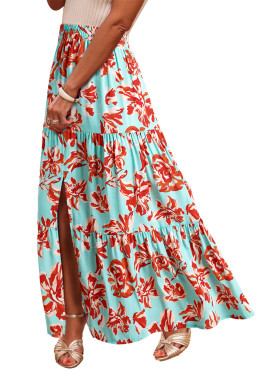 Green Bohemian Floral Print Tiered Maxi Skirt with Split