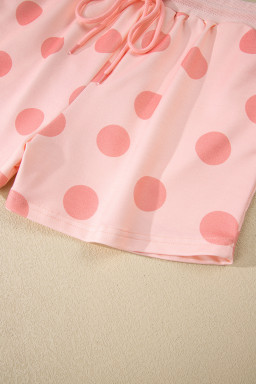 Pink Polka Dot Print Drop Shoulder Pullover Drawstring Shorts Set