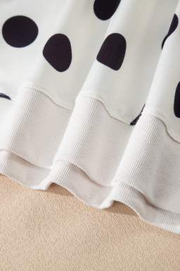 Beige Polka Dot Print Drop Shoulder Pullover Drawstring Shorts Set