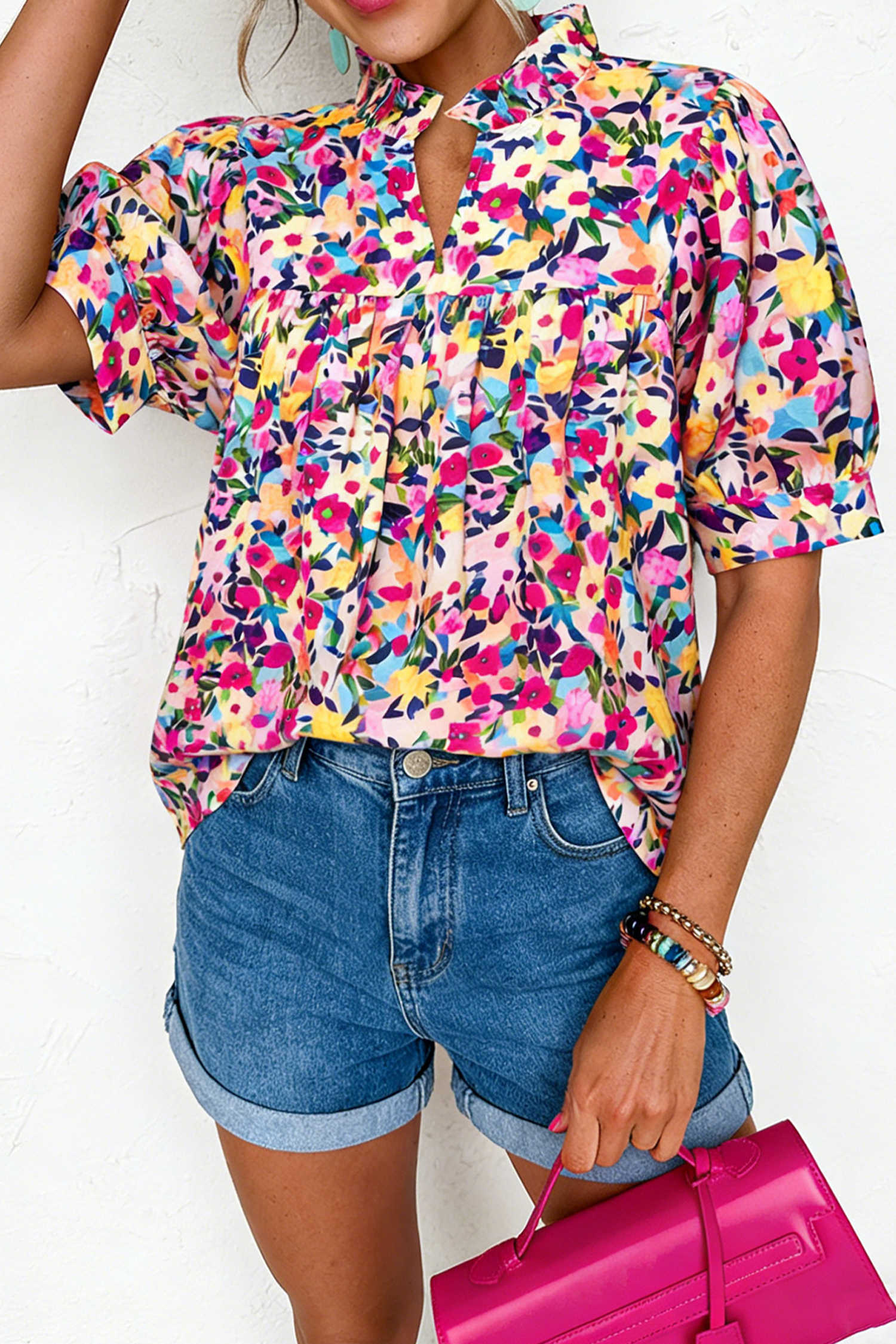 Pink Flower Print Frilled Collar Short Puff Sleeve Summer Blouse