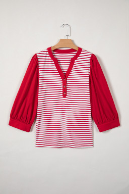 Red Stripe Half Placket V Neck Contrast 3/4 Sleeve Patchwork Top