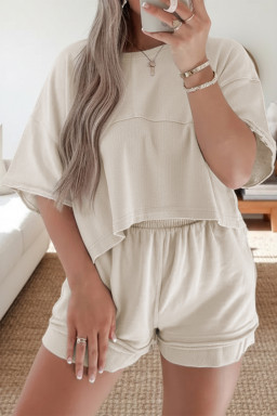 Jet Stream Solid Color Contrast Textured Patchwork Raw Edge 2pcs Short Set