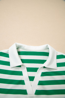 Green Stripe Collar V Neck Ruffled Short Sleeve Blouse