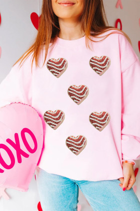 Pink Sequined Valentine Heart Print Round Neck Sweatshirt