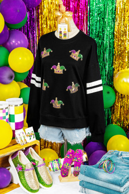 Black Sequin Mardi Crown Dropped Shoulder Varsity Sweatshirt